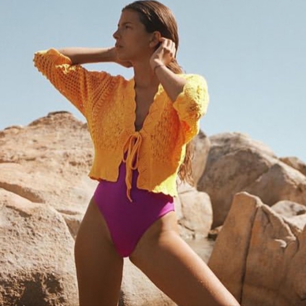 Zara Yellow Cropped Tie-Front Knit Sweater